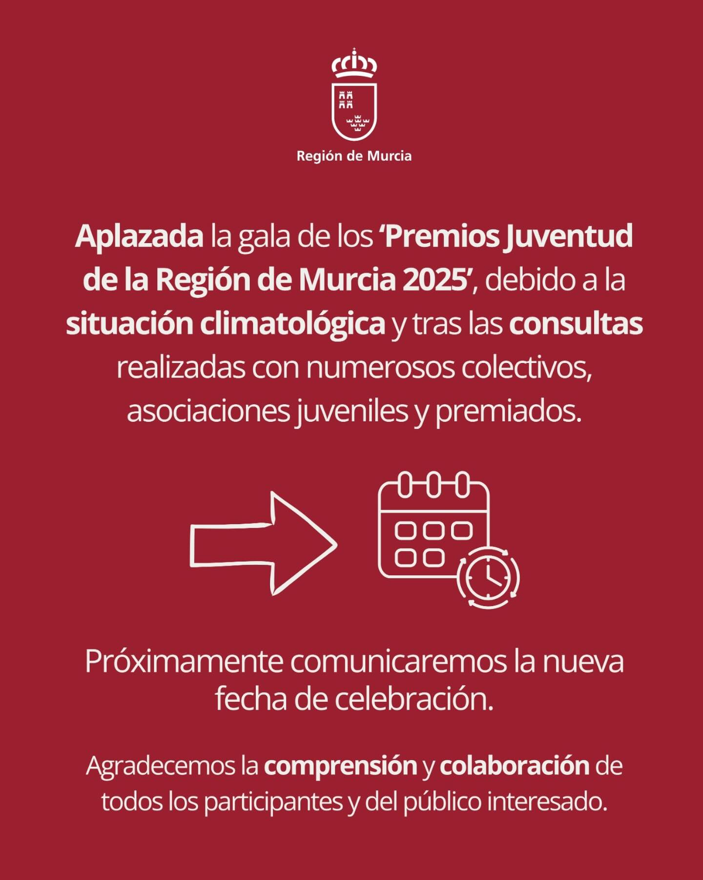 Aplazada la gala de los ‘Premios Juventud de la Región de Murcia 2025’